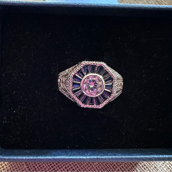 Art Deco Style Sterling Silver and Blue Gemstone Engagement Ring - Picture 9 of 10